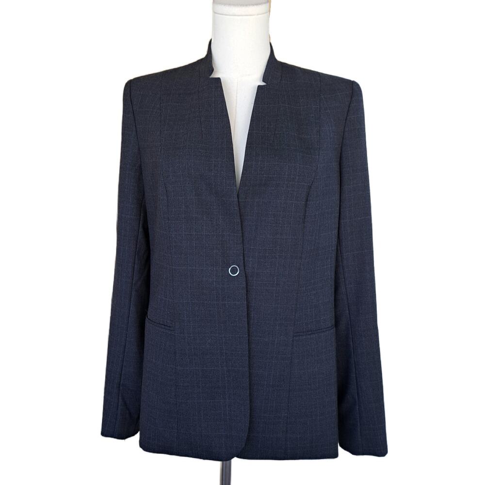 ELIE TAHARI Blue Wool Pin Checked Blazer Jacket Split Neck Structured Size 10